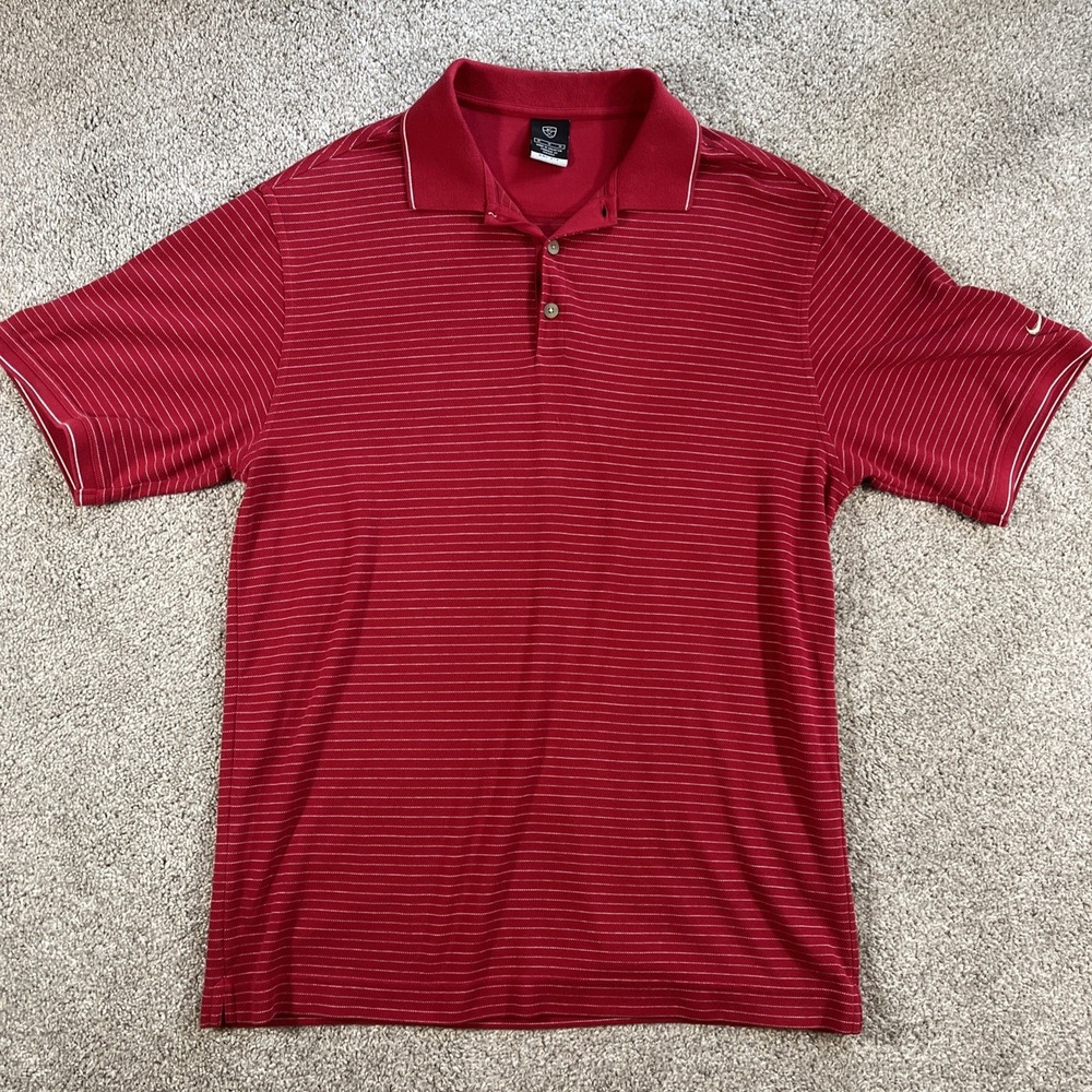 Nike Polo Shirt Mens Medium Golf Dri Fit Short‎ Sleeve Red Striped Swoosh